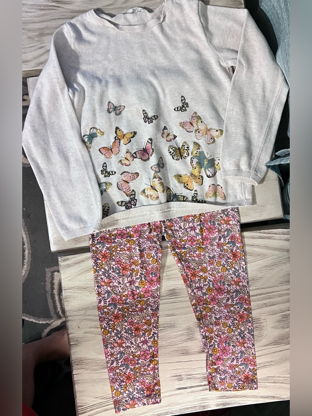 Girls Size 7/8 H&M/Rare Too Butterfly Sweater Floral Leggings 2pc Outfit